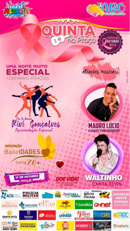 Hoje é dia de Quinta na Praça especial Outubro Rosa!! Confira as atrações da noite...