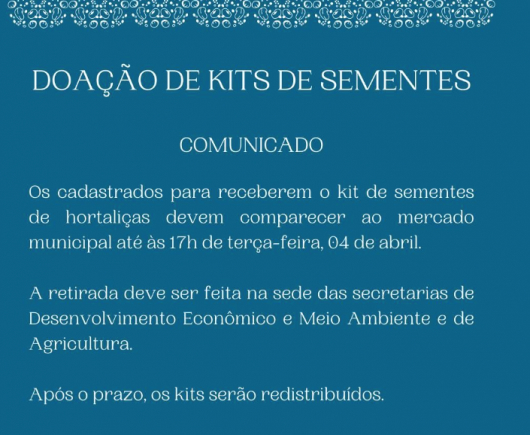 GUANHÃES: Cadastrados para receberem o kit sementes tem até o dia 04 de abril para comparecerem no Mercado Municipal