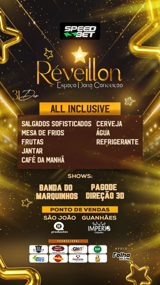 Quer passar uma virada de ano em grande estilo? Ent&atilde;o adquira j&aacute; o seu ingresso para o R&eacute;veillon All Inclusive no Espa&ccedil;o Dona Concei&ccedil;&atilde;o em S&atilde;o Jo&atilde;o Evangelista