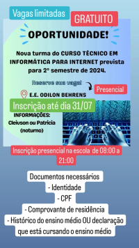 E.E Odilon Behrens está com matrículas abertas para Curso Técnico em Informática gratuito