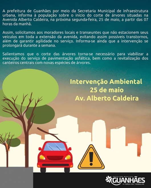 GUANHÃES: Intervenção na Avenida Alberto Caldeira começa nesta segunda-feira