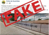Imagem contendo a marca da Folha e uma notícia falsa circula nas redes sociais