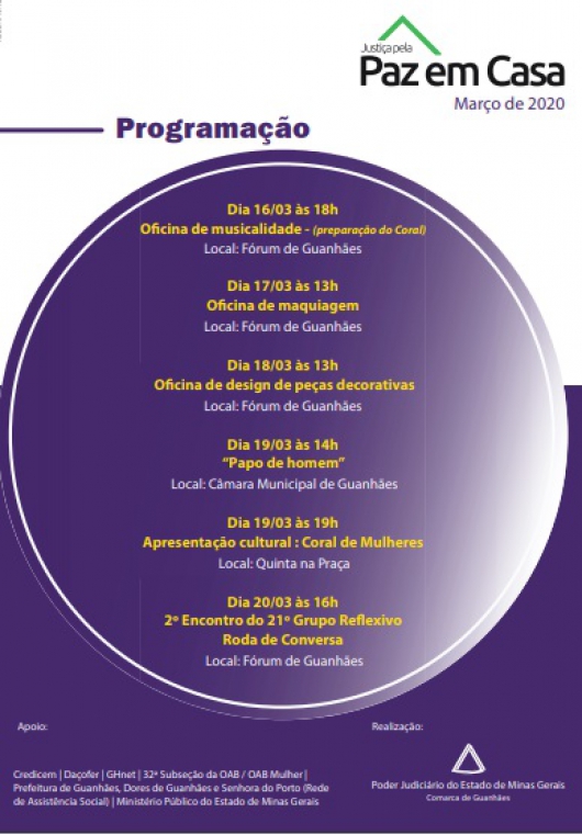 Atividades da Semana da Justiça pela Paz em Casa tem início na próxima semana em Guanhães Confira as ações
