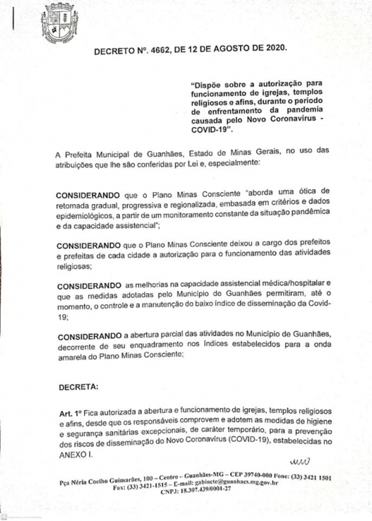 GUANHÃES: Igrejas e templos religiosos poderão reabrir desde que cumpram medidas estabelecidas pelo Decreto n° 4.662