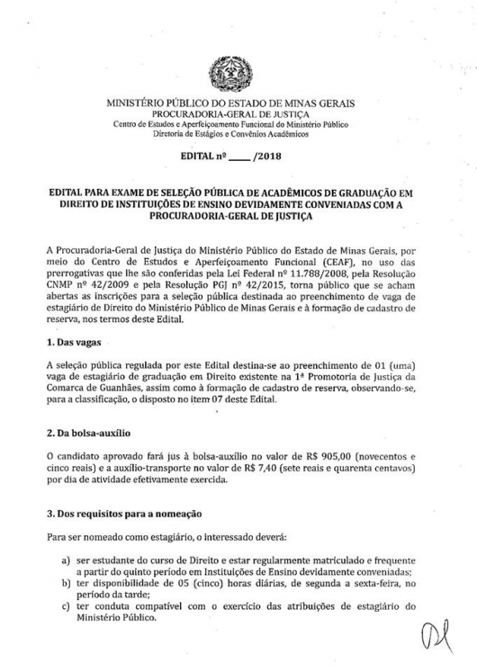 Inscrições para vaga de estágio na 1ª Promotoria de Justiça da Comarca de Guanhães terminam nesta quinta-feira
