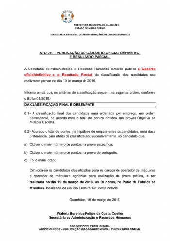 Prefeitura de Guanhães divulga o gabarito oficial/definitivo e o resultado parcial do Processo Seletivo 01/2019