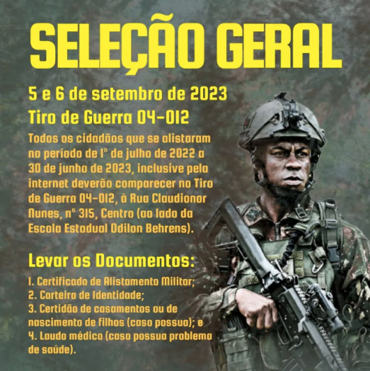 TG 04-012 convoca jovens para Seleção Geral nos dias 05 e 06 de setembro