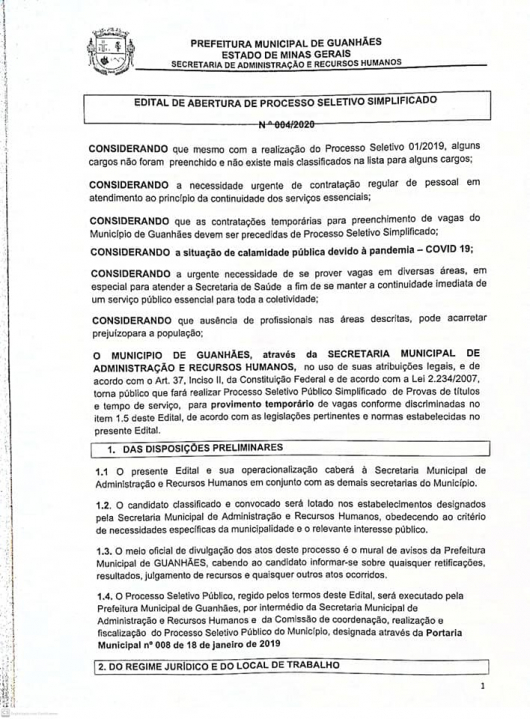 OPORTUNIDADE: Prefeitura de Guanhães abre processo seletivo para contratação de Enfermeiro e Técnico de Enfermagem