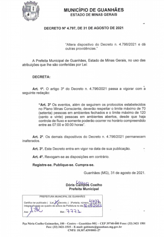 GUANHÃES: Município altera artigo 3º do Decreto Municipal 4.796/2021 que dispõe sobre a realização de eventos na cidade