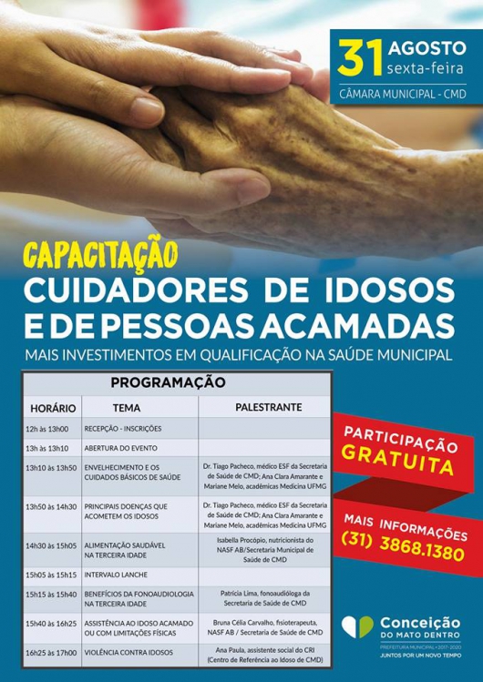 Conceição do Mato Dentro vai receber capacitação gratuita para cuidadores de idosos e pessoas acamadas