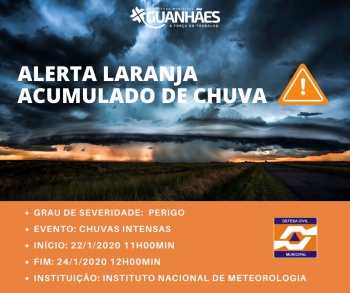 ALERTA LARANJA: Defesa Civil de Guanhães emite alerta meteorológico de chuvas intensas