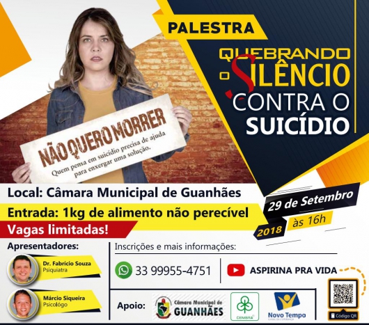 SETEMBRO AMARELO: Palestra “Quebrando o Silêncio contra o Suicídio” será realizada no próximo sábado em Guanhães