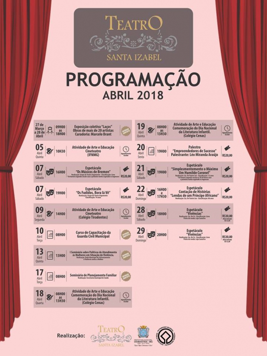 CULTURA: Teatro Santa Izabel em Diamantina divulga programação para o mês de abril