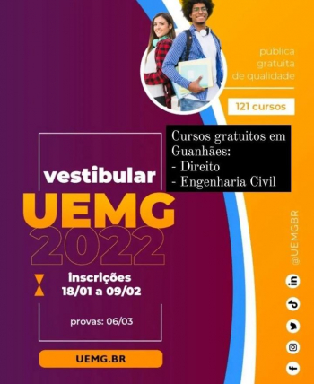 GUANHÃES: Inscrições para o Processo Seletivo da UEMG começam nesta terça-feira
