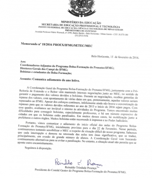 IFMG esclarece sobre o não retorno das aulas dos cursos do Pronatec em Guanhães