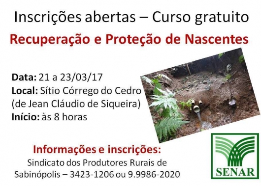 Para Sabinópolis e região: abertas as inscrições para o curso de recuperação e proteção das nascentes