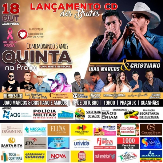 Hoje tem Quinta na Praça especial de 3 anos com lançamento do CD da dupla João Marcos e Cristiano!
