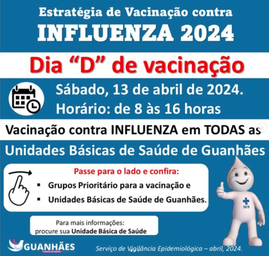 Dia D da vacinação contra influenza acontece no próximo sábado, 13 de abril, em Guanhães