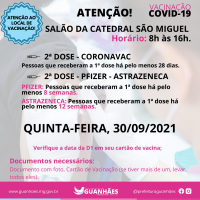 ATENÇÃO MORADORES: Pessoas que receberam a 1ª dose da Coronavac há pelo menos 28 dias, da Pfizer há pelo menos 08 semanas e da Astrazeneca há pelo menos 12 semanas, serão imunizadas com a 2ª dose nesta quinta-feira