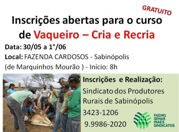 Sabinópolis vai sediar curso gratuito de vaqueiro - cria e recria As inscrições estão abertas!