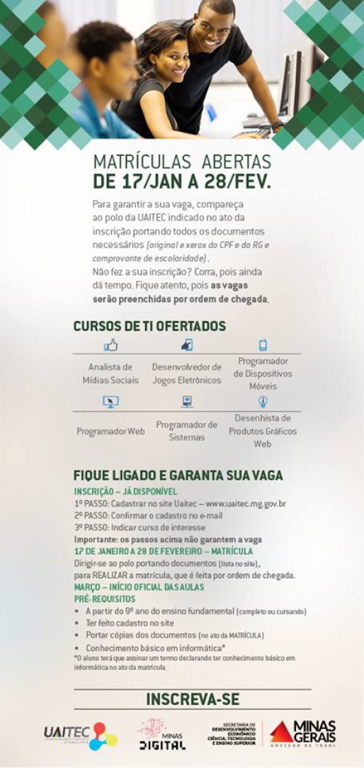 PRAZO FINAL: Uaitec abre 34 mil vagas para cursos de TI e idiomas no interior de Minas Gerais