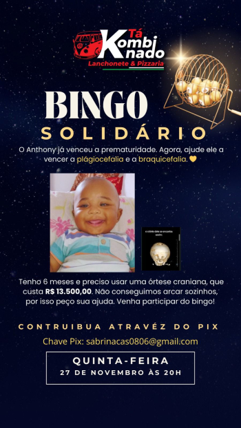 Bingo Solidário será realizado em prol do tratamento do bebê Anthony Gabriel