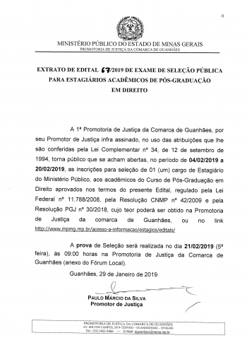 Inscrições para estágio na 1ª e 2ª Promotoria de Justiça da Comarca de Guanhães terminam nesta quarta