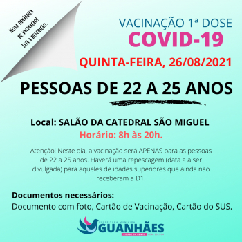 GUANHÃES: Município anuncia nova dinâmica para a imunização contra a covid e vacinação da população geral com idade entre 22 e 25 anos