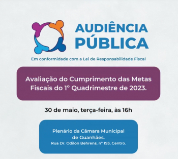 Audiência Pública de Prestação de Contas do 1º Quadrimestre de 2023 será realizada na próxima semana em Guanhães