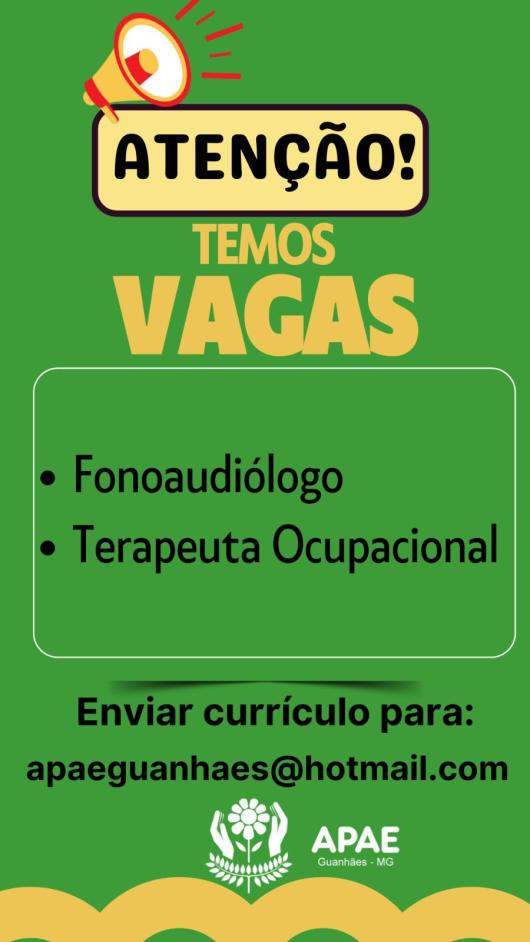 APAE GUANHÃES abre vagas para Fonoaudiólogo e Terapeuta Ocupacional