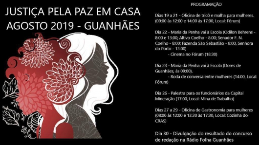 Ações da Semana da Justiça pela Paz em Casa começam hoje em Guanhães