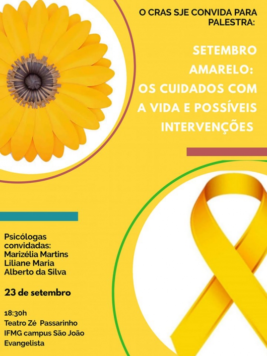 Palestra “Setembro Amarelo: os cuidados com a vida e possíveis intervenções” acontece hoje em São João Evangelista