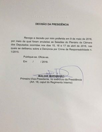 Maranhão recua e revoga decisão de anular sessão do impeachment