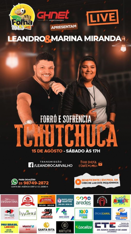 É AMANHÃ: Live Beneficente com showzaço de Leandro Carvalho e Marina Miranda acontece neste sábado