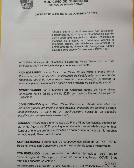 Município publica decreto que mantem Guanhães na Onda Amarela