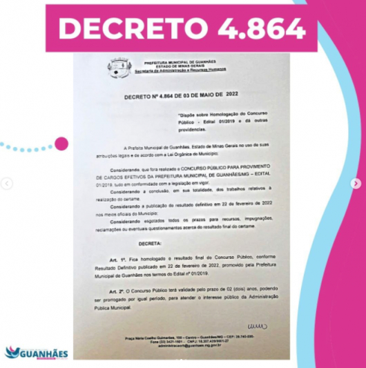 Município de Guanhães homologa resultado final do concurso público e informa que em breve haverá convocação