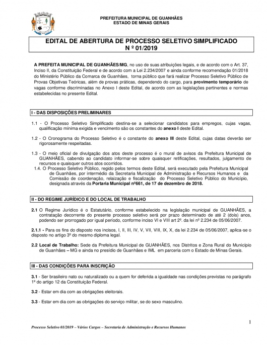 Prefeitura de Guanhães abre processo seletivo com 140 vagas para mais de 80 cargos
