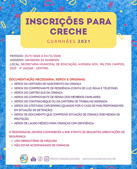 ATENÇÃO PAIS OU RESPONSÁVEIS: Inscrições para as creches de Guanhães começam nesta segunda