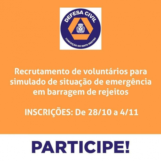 Defesa Civil de Conceição do Mato Dentro busca voluntários para Simulado de Situação de Emergência em Barragem de Rejeitos