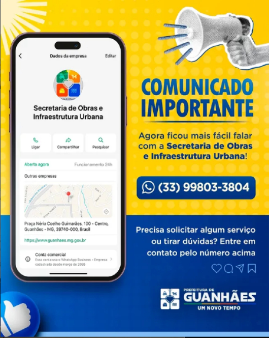 Munic&iacute;pio de Guanh&atilde;es disponibiliza atendimento via WhatsApp para servi&ccedil;os da Secretaria de Obras