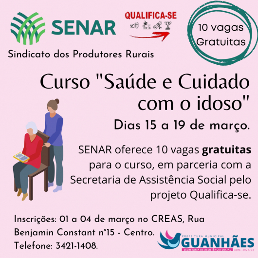 Município de Guanhães está com vagas abertas para curso “Saúde e cuidado com o Idoso”