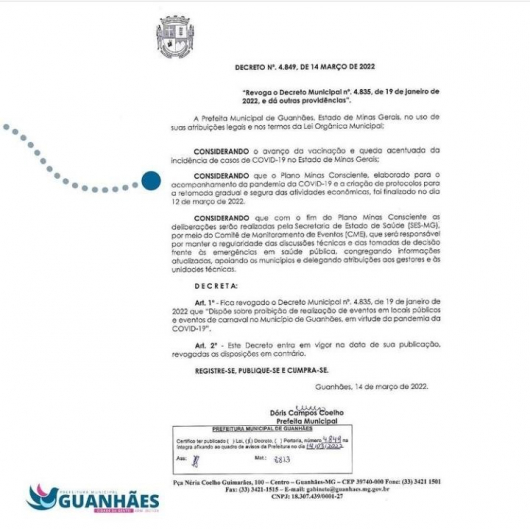 GUANHÃES: Revogado Decreto de dispõe sobre a proibição da realização de eventos em locais públicos