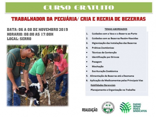 Serro oferta curso gratuito para trabalhador da pecuária na área de cria e recria de bezerras