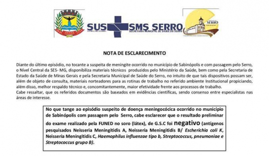 Prefeitura do Serro esclarece sobre suspeita de meningite na região