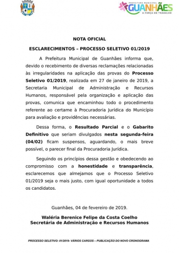Prefeitura de Guanhães divulga nota de esclarecimento a respeito do Processo Seletivo