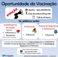 ATENÇÃO TRABALHADORES DA SAÚDE, PROFESSORES E AGENTES DAS FORÇAS DE SEGURANÇA E SALVAMENTO: Tem vacinas disponíveis para vocês nesta quarta-feira!