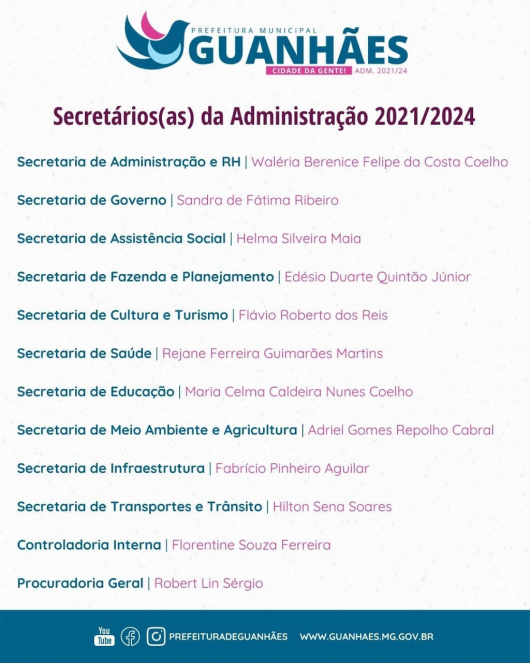 Prefeitura Municipal de Guanhães divulga a nomeação dos Secretários(as) da Administração 2021/2024