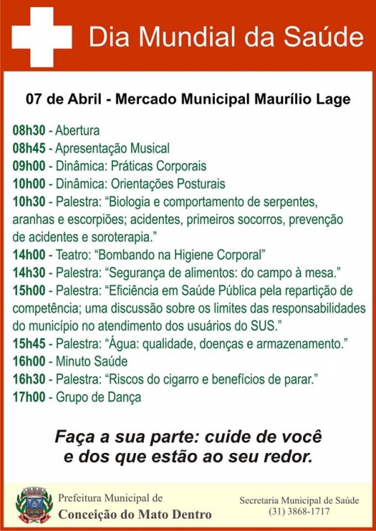 Para celebrar a data, em Conceição do Mato Dentro o dia é dedicado à saúde