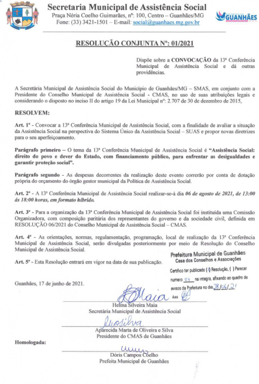 GUANHÃES: 13ª Conferência Municipal de Assistência Social já tem data marcada