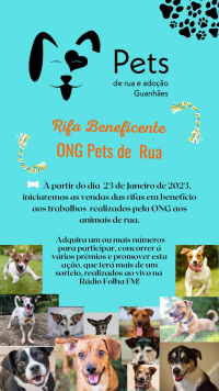 ONG Pets de Rua e Adoção Guanhães promove rifa beneficente em prol dos animais de rua